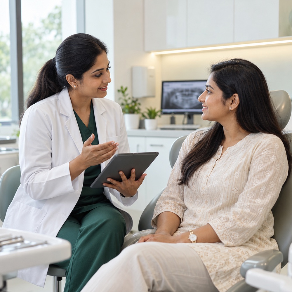 A dentist talking a patient through her treatment options in the chair