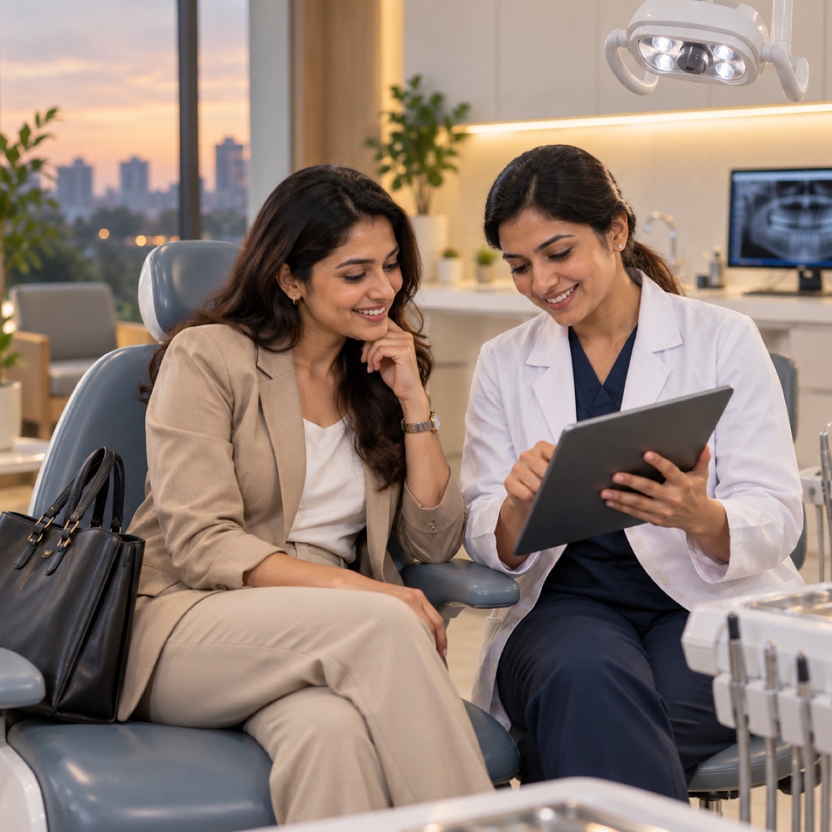 A dentist going through a treatment plan on a tablet with a patient, city skyline at dusk through the clinic window
