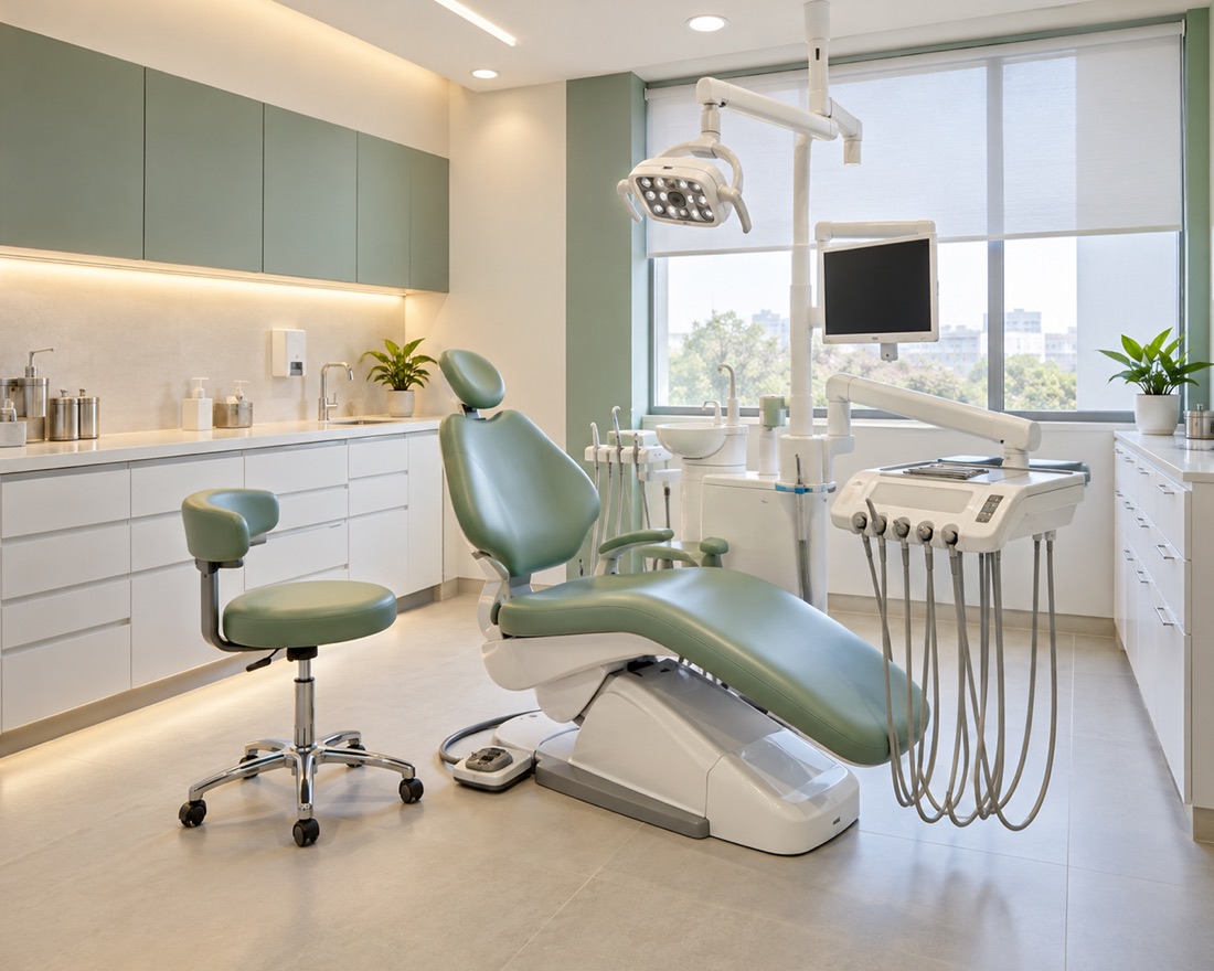 A treatment room at the clinic with the chair, light and equipment ready