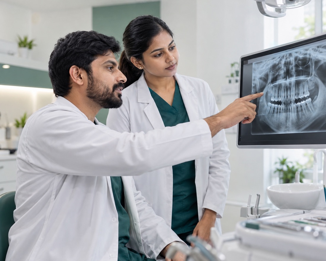 Two clinicians reviewing a patient's panoramic x-ray on a monitor together