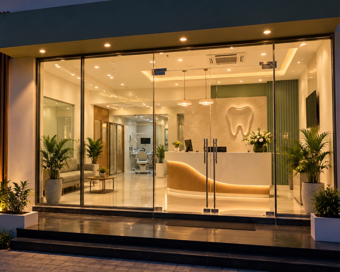 The clinic entrance and reception lit up in the evening