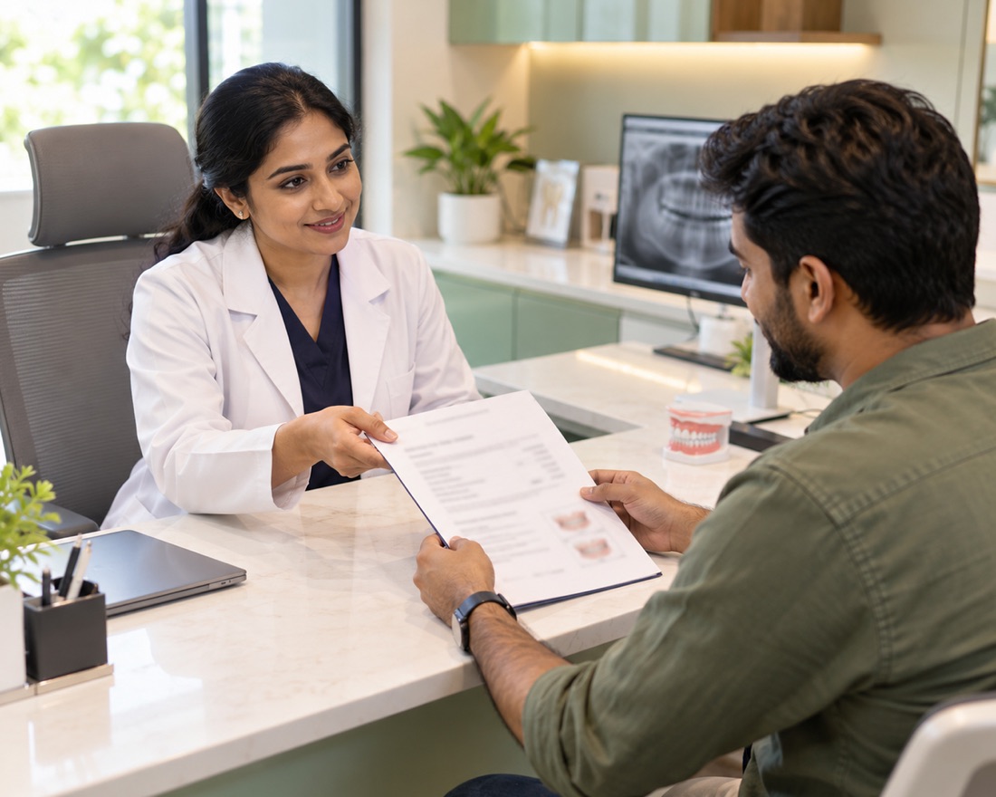 A dentist handing a printed treatment plan across the desk to a patient