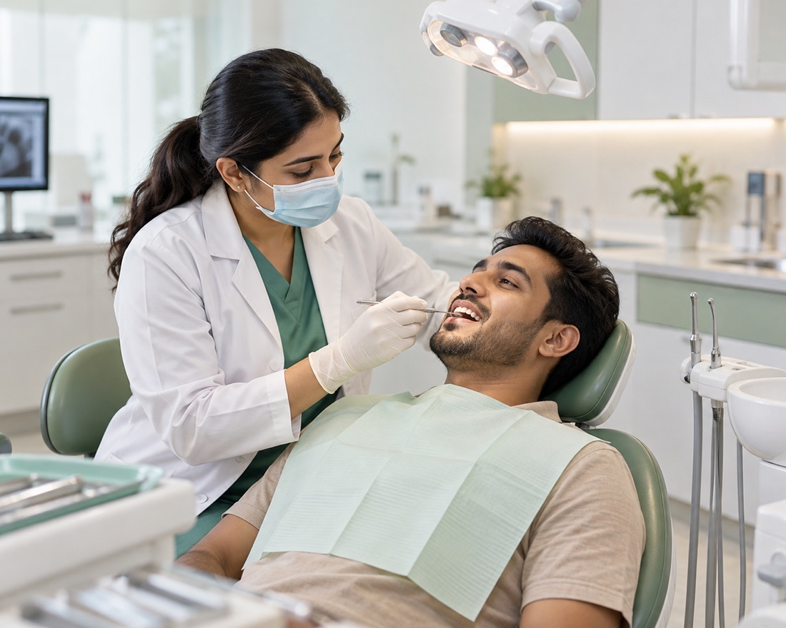 A dentist examining a patient in the chair with their x-ray on the monitor alongside